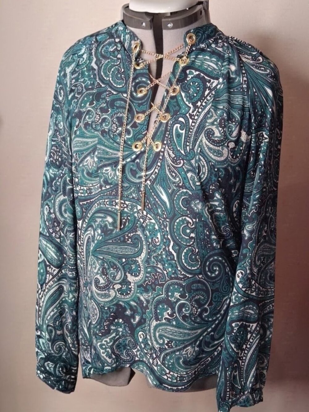 MICHAEL Michael Kors Green Paisley Chain Lace Up Blouse Size L